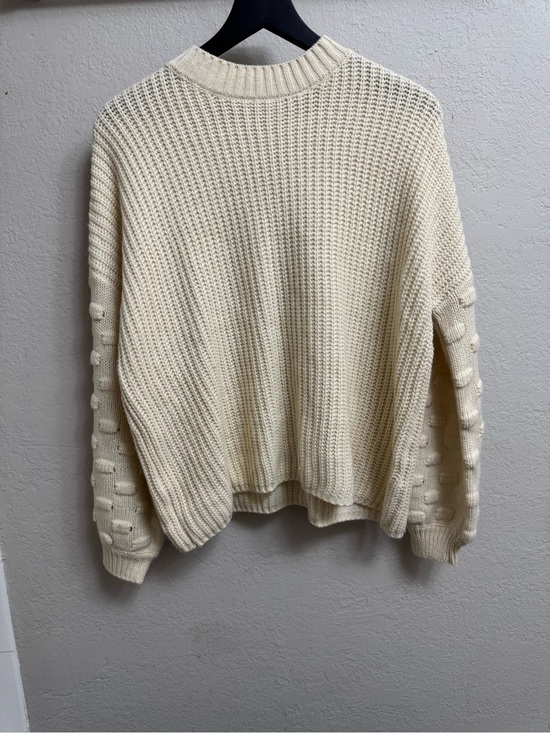 &merci Sweaters - Cream Textured Crewneck Sweater with Bubble-Sleeve Detail